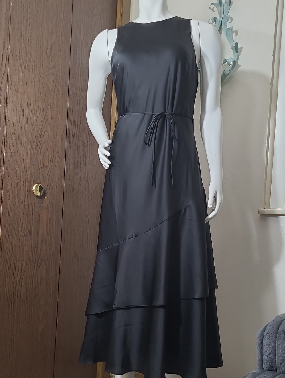 Banana Republic Black Satin Maxi Dress with Waist Tie